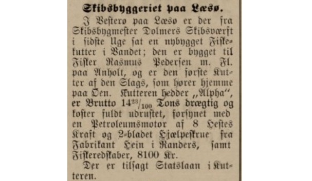 Frederikshavn Avis maj 1906 - Skibsbygmester Dolmers værft - en fifle-kutter til Anholt_lille